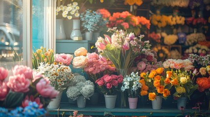 A florist organizing a display window, copy space, visual merchandising theme, vibrant, multilayer, storefront backdrop