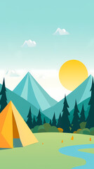 Vector camping tent in the forest.Summer camp with bonfire, tent, backpack . cartoon landscape with mountain, forest and campsite.