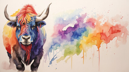 a watercolor painting of a rainbow-colored yak.
