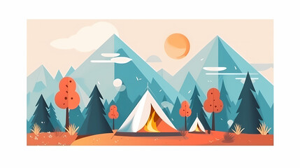 Vector camping tent in the forest.Summer camp with bonfire, tent, backpack . cartoon landscape with mountain, forest and campsite.