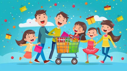 Vector graphic of a cheerful family shopping together, pushing a cart overflowing with discounted items cartoon Vector Illustration Generative AI
