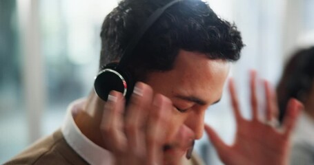 Office, frustrated and man with headset in call center as operator, discussion or telecommunication. Anger, male consultant and talking for advice, problem or answer questions for customer service - Powered by Adobe