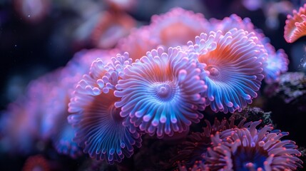 Close up under water photograph of a coral reef with colorful sea anemones