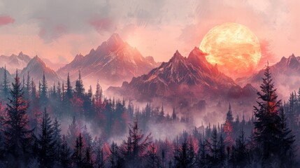 A digital artwork depicting a cozy mountain landscape during golden hour. The warm tones of the setting sun cast a serene glow over the tranquil environment, creating an inviting and peaceful scene.