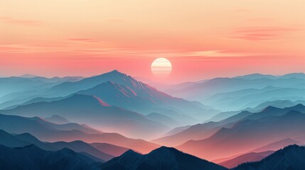 Obraz premium A digital artwork depicting a cozy mountain landscape during golden hour. The warm tones of the setting sun cast a serene glow over the tranquil environment, creating an inviting and peaceful scene.