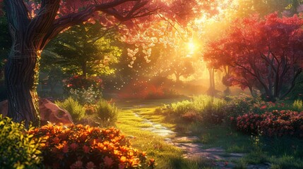 A serene garden scene at golden hour, illustrated with cozy colors and warm tones. The soft lighting and tranquil ambiance create an inviting atmosphere, with the serene environment and pastel shades