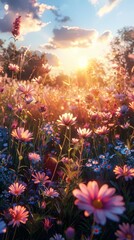 An illustration of a cozy meadow with wildflowers at sunset, featuring warm hues and soft lighting. The inviting scenery and tranquil ambiance create a serene environment, perfect for a digital