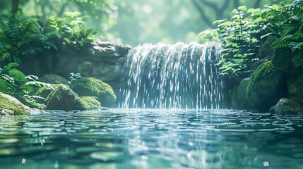 A tranquil scene of a waterfall cascading into a clear pool, surrounded by lush greenery, emphasizing the soothing and refreshing qualities of water - Powered by Adobe