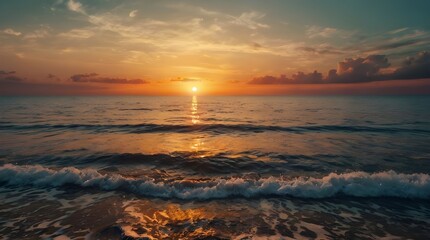 Fototapeta premium Sunrise over the sea, water waves, beautiful beach view.