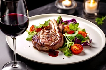 Lamb Chop and Salad. Lamb chop, salad and wine 