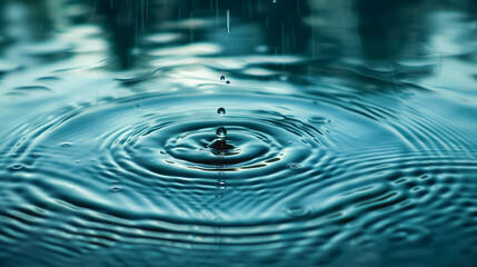 Close-up of raindrops creating ripples on a calm water surface, showcasing the intricate patterns and serene effect of rain on water