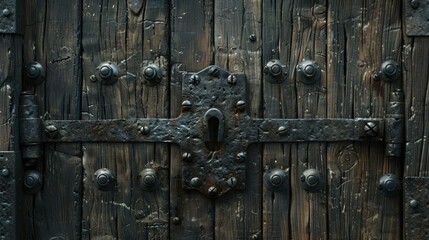 Close-up of a heavy wooden fortress door with a large iron lock and keyhole, medieval design, isolated background, studio lighting