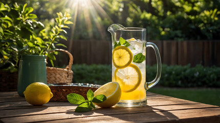 a pitcher of lemonade with lemons and mint leaves.