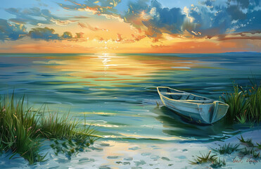 Boat at sunset, Beautiful view. Created with Ai