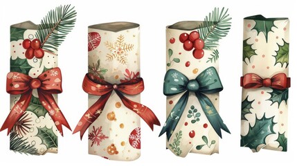 watercolor christmas crackers with different patterns and ribbons