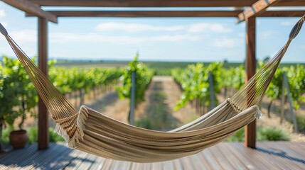 Obraz premium Serenity in the Vines: Hammock Swinging in Vineyard Oasis