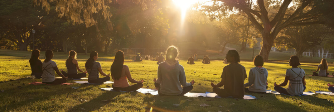 a sunrise meditation session in a serene park with a diverse group of participants
