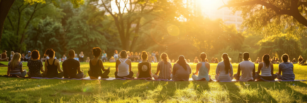a sunrise meditation session in a serene park with a diverse group of participants