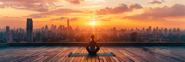 a sunrise yoga session on a rooftop with a city skyline in the background