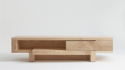 A wooden entertainment center with two shelves and two drawers