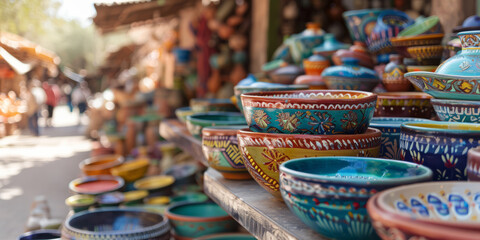 a traditional pottery market with colorful ceramics and artisans