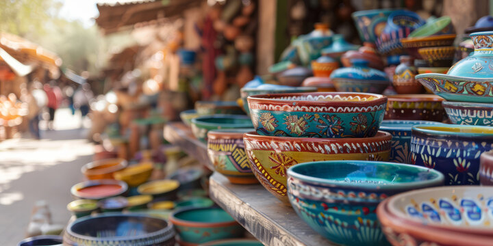 a traditional pottery market with colorful ceramics and artisans