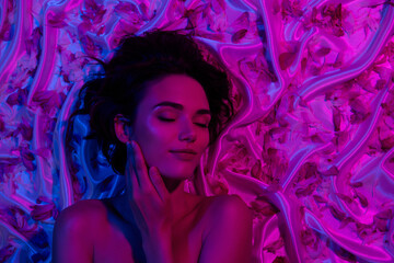 Photo lovely young pretty hot seductive woman touch cheek closed eyes dreaming over neon sheets with petals background