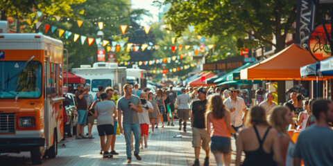 a vibrant street festival with live music, food trucks, and happy attendees