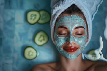 a woman enjoying a spa treatment with a facial mask and cucumber slices, emphasizing relaxation and...