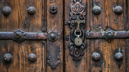A detailed shot of a wooden door with ornate metalwork, a sturdy lock, and a key hanging from a nail, representing reliable protection