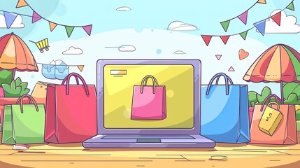 Cartoon vector illustration of an online shopping scene with a Cyber Monday discount tag and shopping bags cartoon Vector Illustration Generative AI