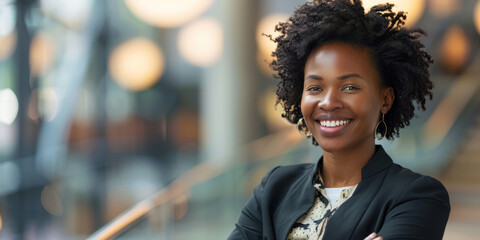 an African American businesswoman posing confidently for a portrait, radiating happiness and alignment with her firm's vision of excellence and success.