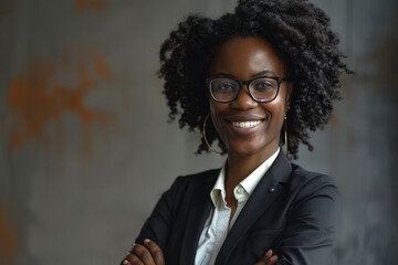 an African American businesswoman standing tall, radiating pride and happiness in her role.