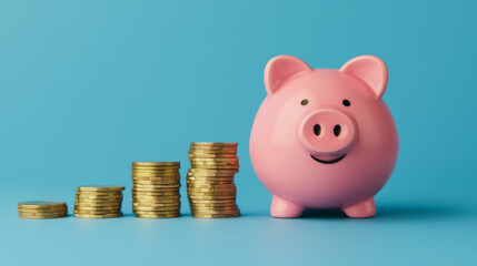 A pink piggy bank next to stacks of gold coins on a blue background, symbolizing savings, investment, and financial growth.