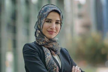 an Arabian businesswoman standing tall, radiating confidence and joy in her role.