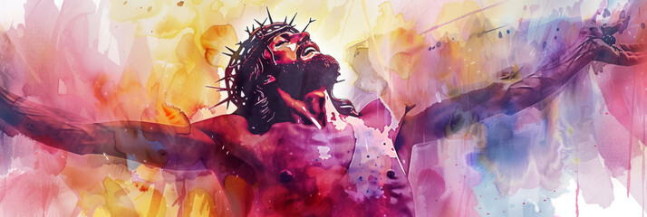 Crucifixion of Jesus on a vibrant watercolor backdrop. Illustration