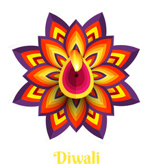 Paper cut floral illuminated oil lamp on purple background for Diwali festival celebration.