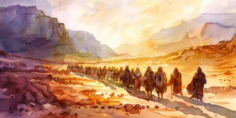 Departure from Egypt. Exodus 12:40. Old Testament. Watercolor Biblical Illustration