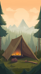 Vector camping tent in the forest.Summer camp with bonfire, tent, backpack . cartoon landscape with mountain, forest and campsite.