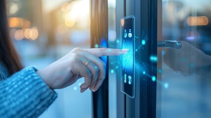Close-up of woman entering secure password on smart digital door keypad for home security