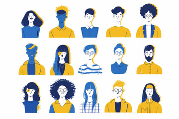 Group of drawn people with different emotions in blue and yellow colors