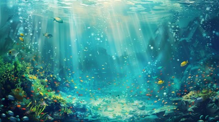 The ocean and underwater world with different inhabitants. Marine Life Landscape. Sea world