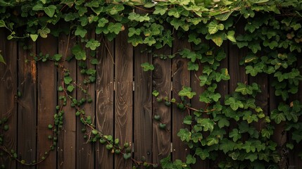 A wooden fence with ivy growing up the sides