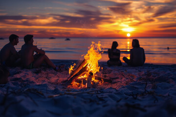 friends enjoying a bonfire at the beach, with flames and sunset in the background, capturing summer fun and camaraderie.