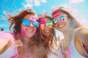 friends enjoying a colorful Holi festival, with vibrant powders and joyful expressions, promoting cultural celebrations and fun.