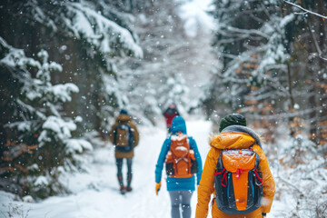 friends enjoying a winter hike in a snowy forest, with warm clothing, scenic views, and active movement, capturing seasonal outdoor activities.