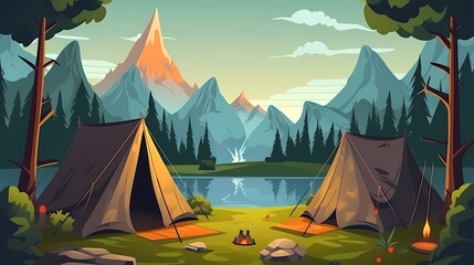 Vector camping tent in the forest.Summer camp with bonfire, tent, backpack . cartoon landscape with mountain, forest and campsite.