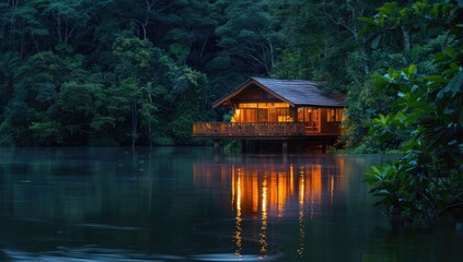 Fototapeta premium a image of a small wooden house sitting on top of a lake