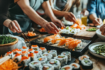 friends having a sushi-making party at home, with ingredients and happy faces, highlighting culinary activities and social interaction.