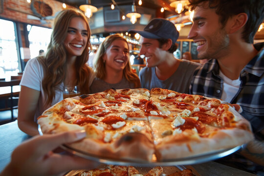 friends sharing a large pizza in a trendy pizzeria, with laughter and casual dining, emphasizing social gatherings and enjoyment.